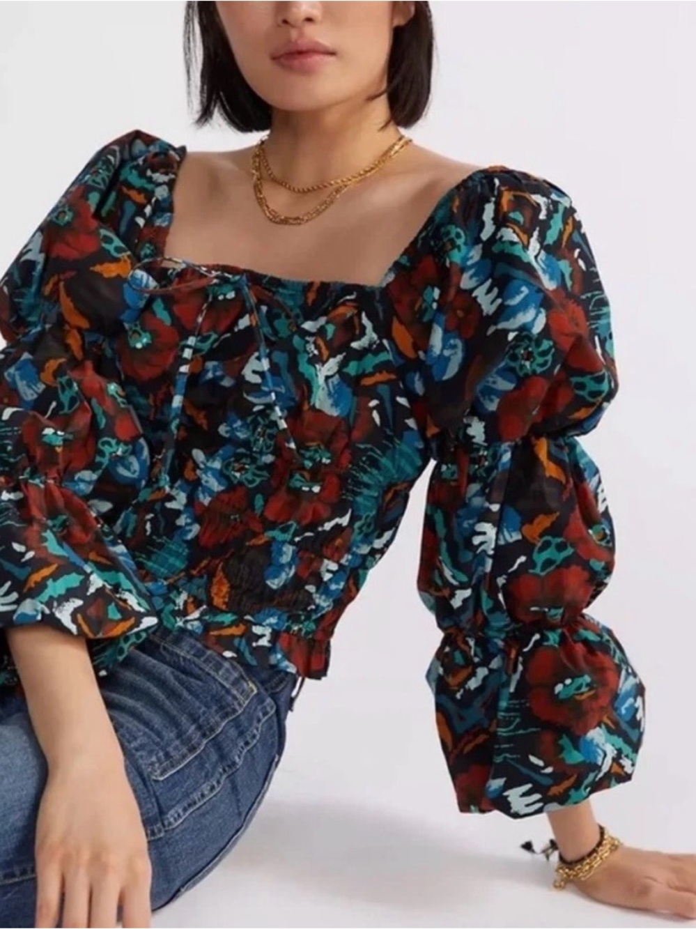 ANTHROPOLOGIE PORRIDGE Ren Fair Romance Tiered/Rushed SQ. Neck Dark Floral Top S